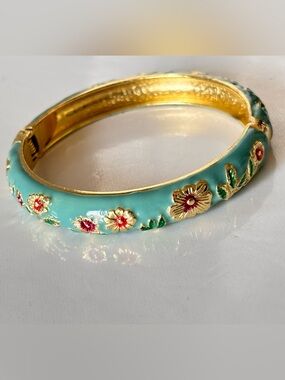 🦋2/25$ Jiu Long Xing Gold Tone Enamel Clamper Bracelet turquoise with flowers